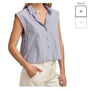 New Lucky Brand Women Bubble Hem Sleeveless Button Down Blue Stripe Shirt Size M